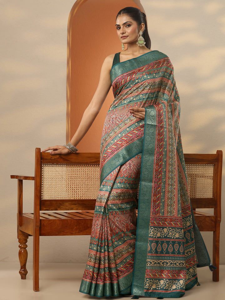 Multi Printed Silk Blend Saree With Unstitched Blouse Piece