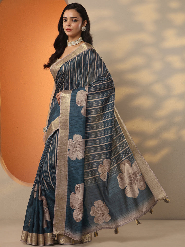 Blue Printed Silk Blend Saree With Unstitched Blouse Piece
