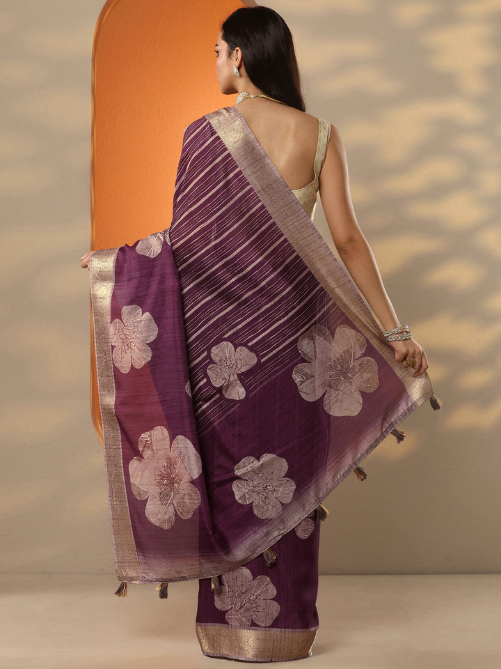 Purple Printed Silk Blend Saree With Unstitched Blouse Piece