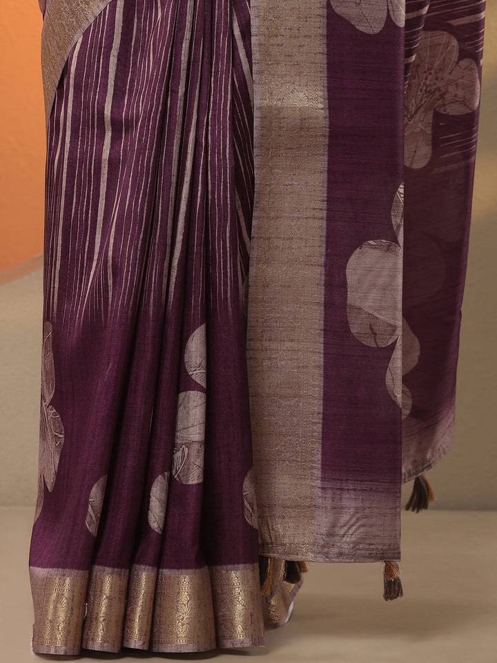 Purple Printed Silk Blend Saree With Unstitched Blouse Piece