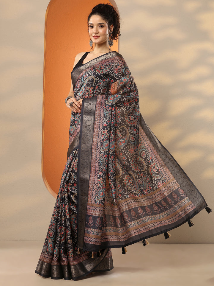 Black Printed Silk Blend Saree With Unstitched Blouse Piece