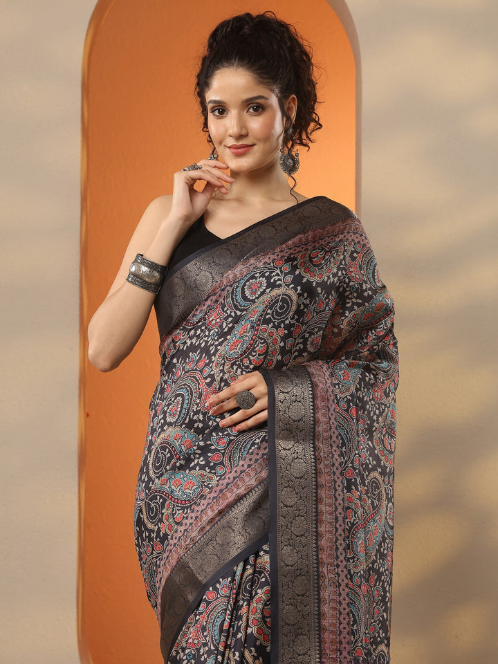 Black Printed Silk Blend Saree With Unstitched Blouse Piece