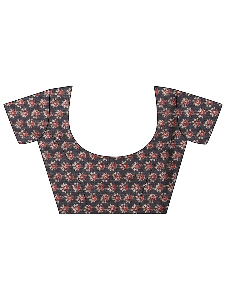 Black Printed Silk Blend Saree With Unstitched Blouse Piece