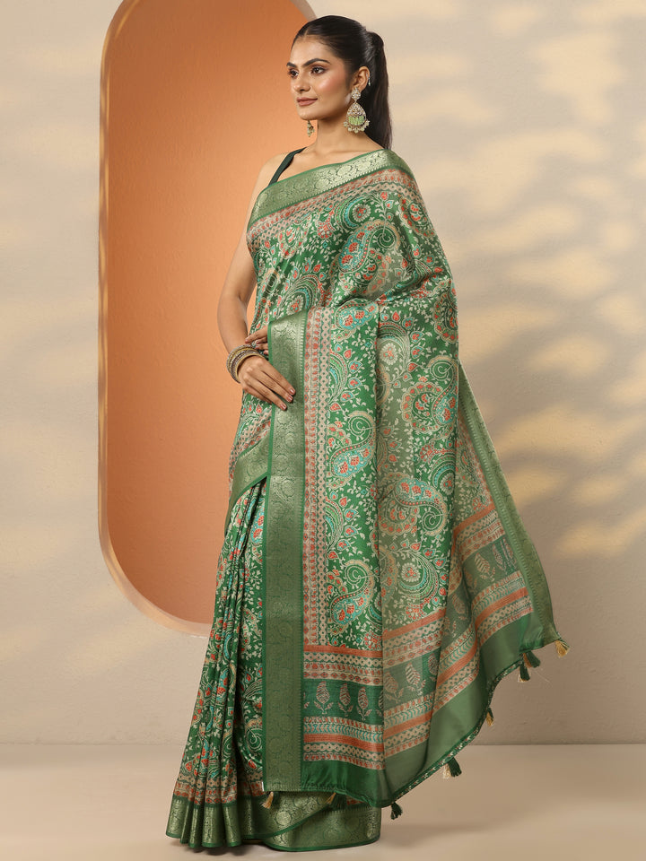 Green Printed Silk Blend Saree With Unstitched Blouse Piece