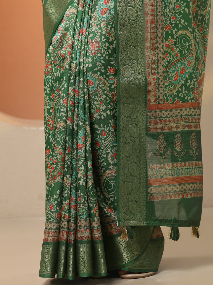 Green Printed Silk Blend Saree With Unstitched Blouse Piece
