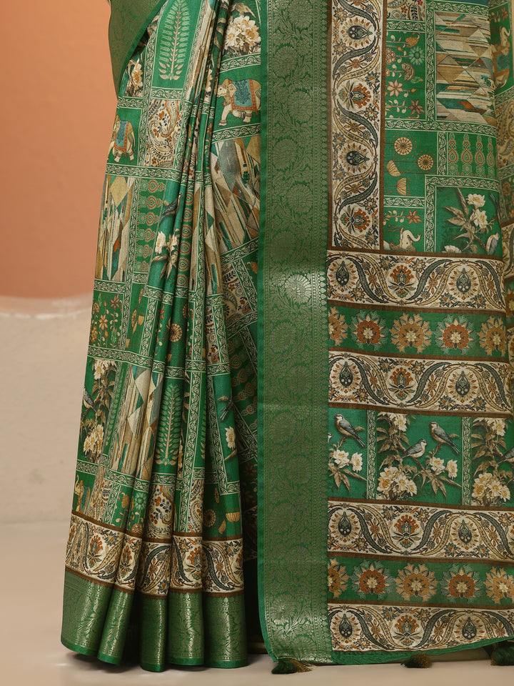 Green Printed Silk Blend Saree With Unstitched Blouse Piece