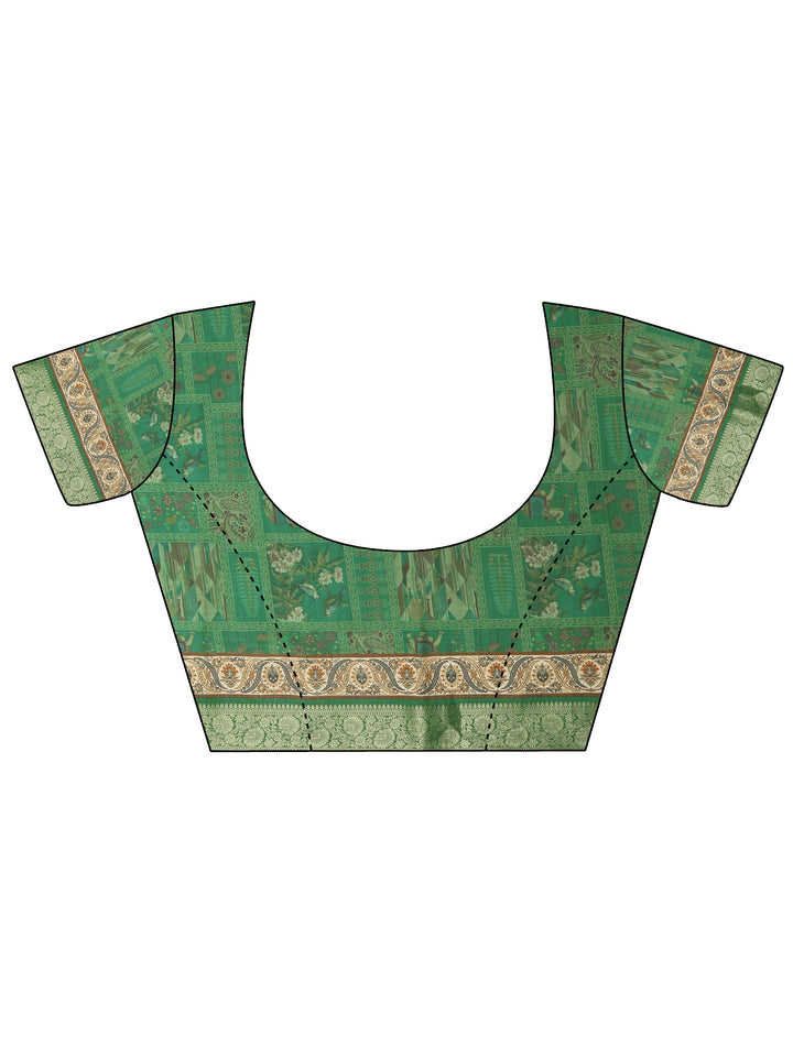 Green Printed Silk Blend Saree With Unstitched Blouse Piece