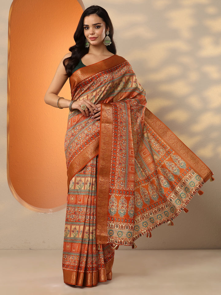 Orange Printed Silk Blend Saree With Unstitched Blouse Piece