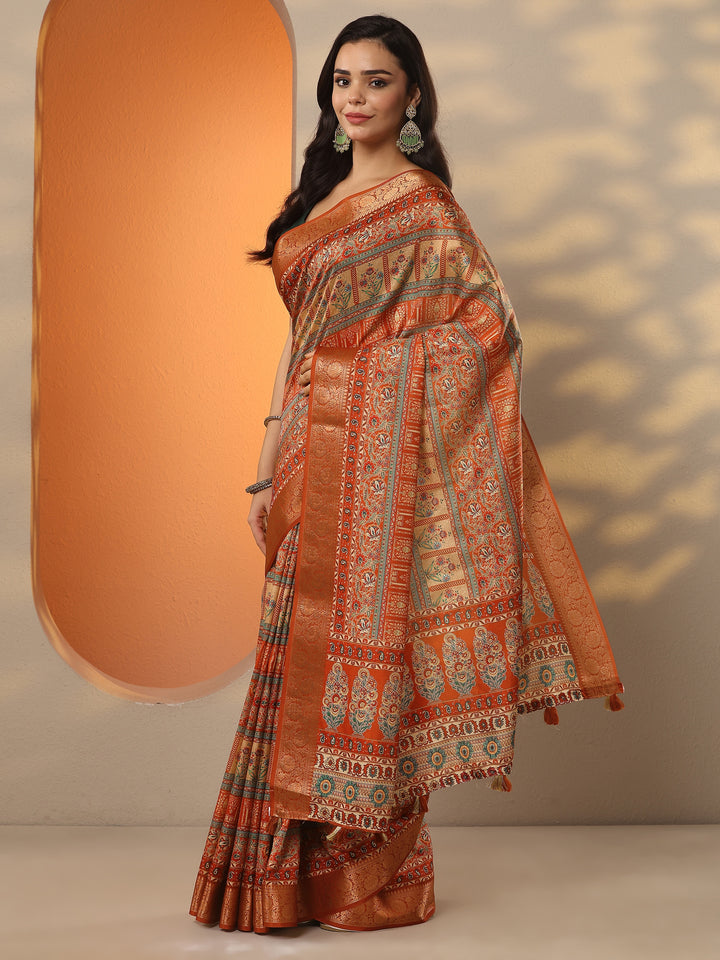 Orange Printed Silk Blend Saree With Unstitched Blouse Piece