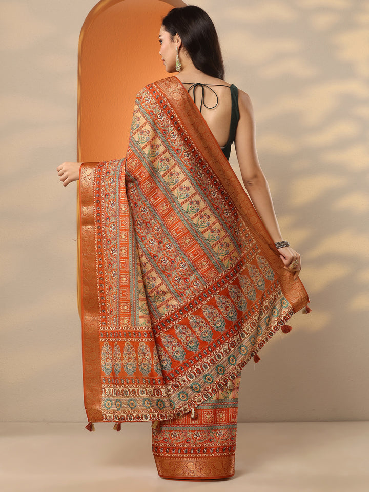 Orange Printed Silk Blend Saree With Unstitched Blouse Piece