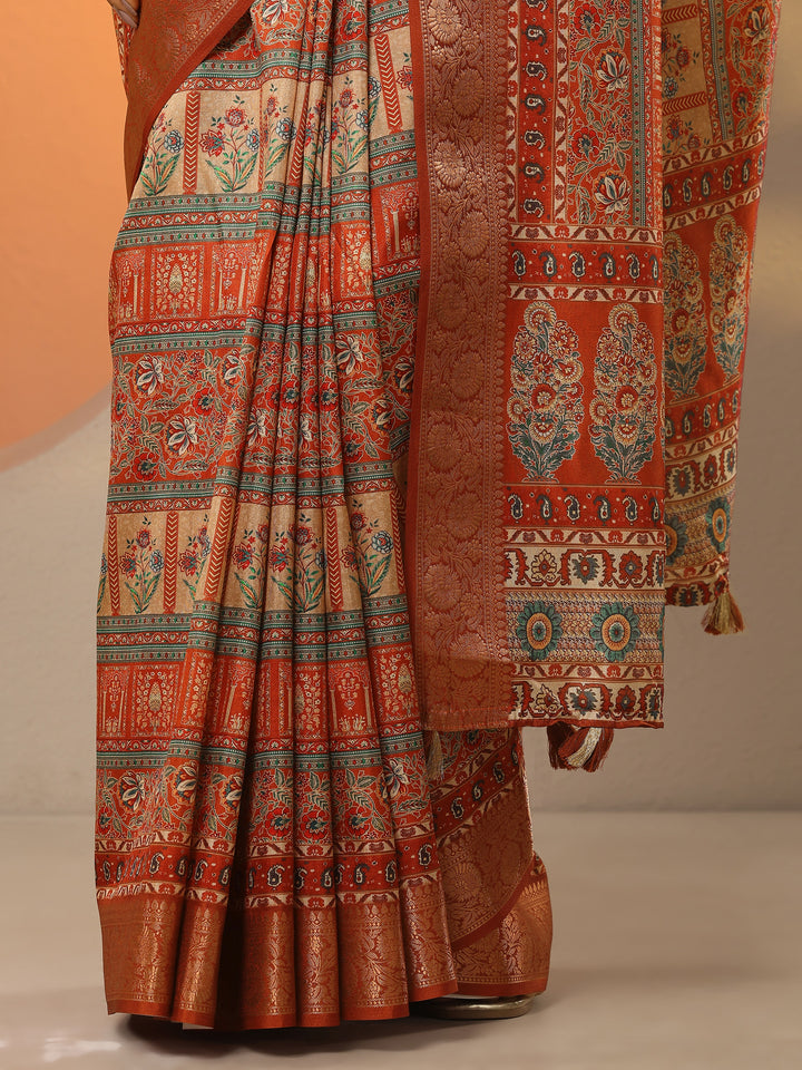 Orange Printed Silk Blend Saree With Unstitched Blouse Piece