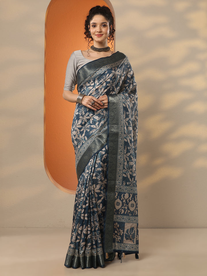 Blue Printed Silk Blend Saree With Unstitched Blouse Piece