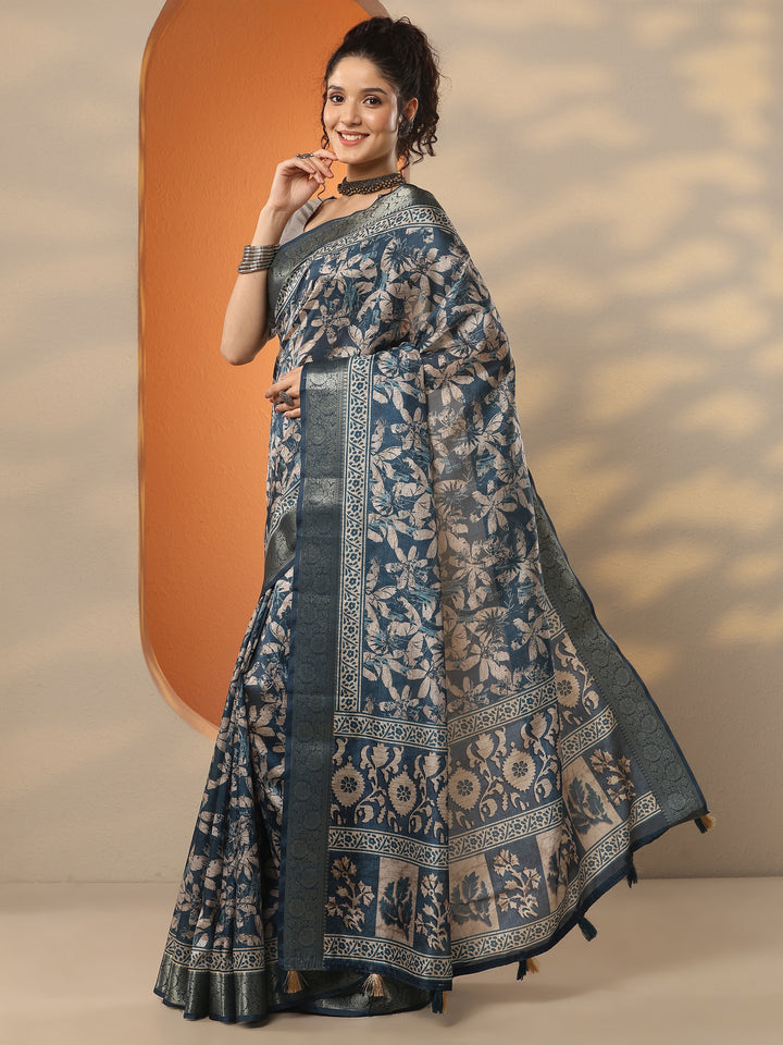 Blue Printed Silk Blend Saree With Unstitched Blouse Piece