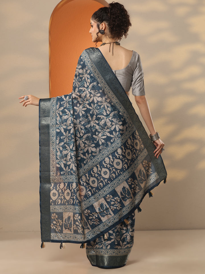 Blue Printed Silk Blend Saree With Unstitched Blouse Piece