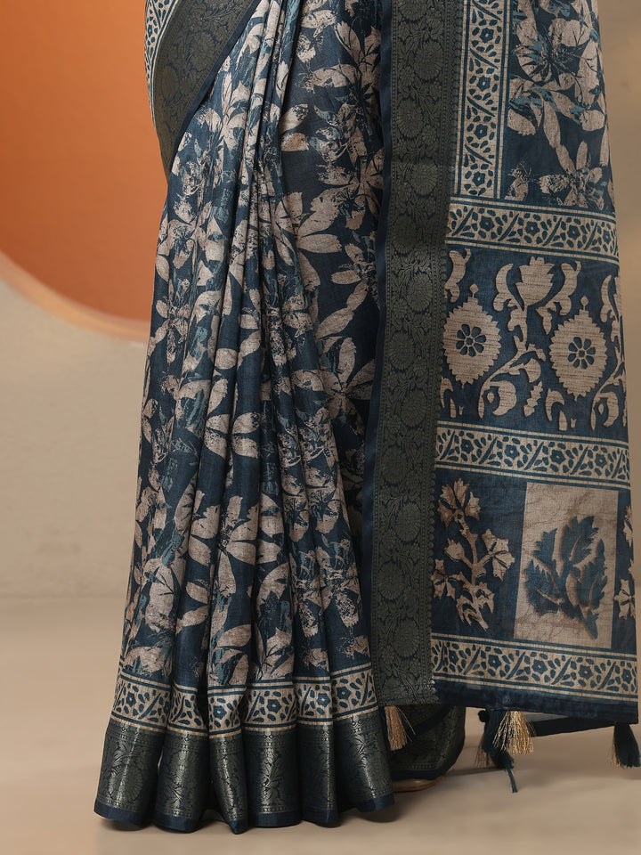 Blue Printed Silk Blend Saree With Unstitched Blouse Piece