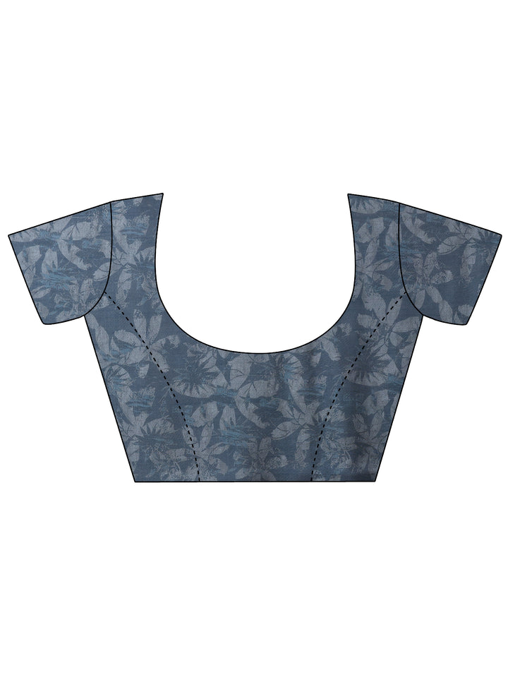 Blue Printed Silk Blend Saree With Unstitched Blouse Piece