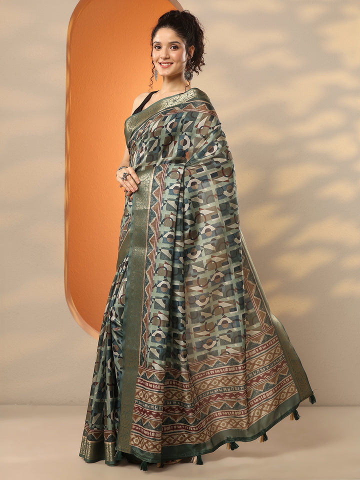Green Printed Silk Blend Saree With Unstitched Blouse Piece