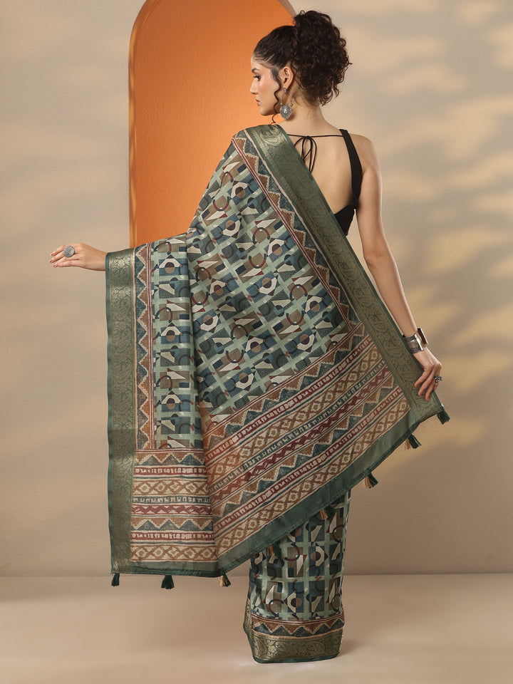 Green Printed Silk Blend Saree With Unstitched Blouse Piece