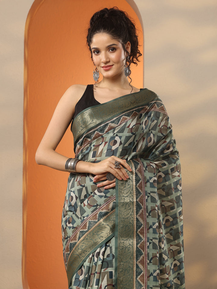 Green Printed Silk Blend Saree With Unstitched Blouse Piece