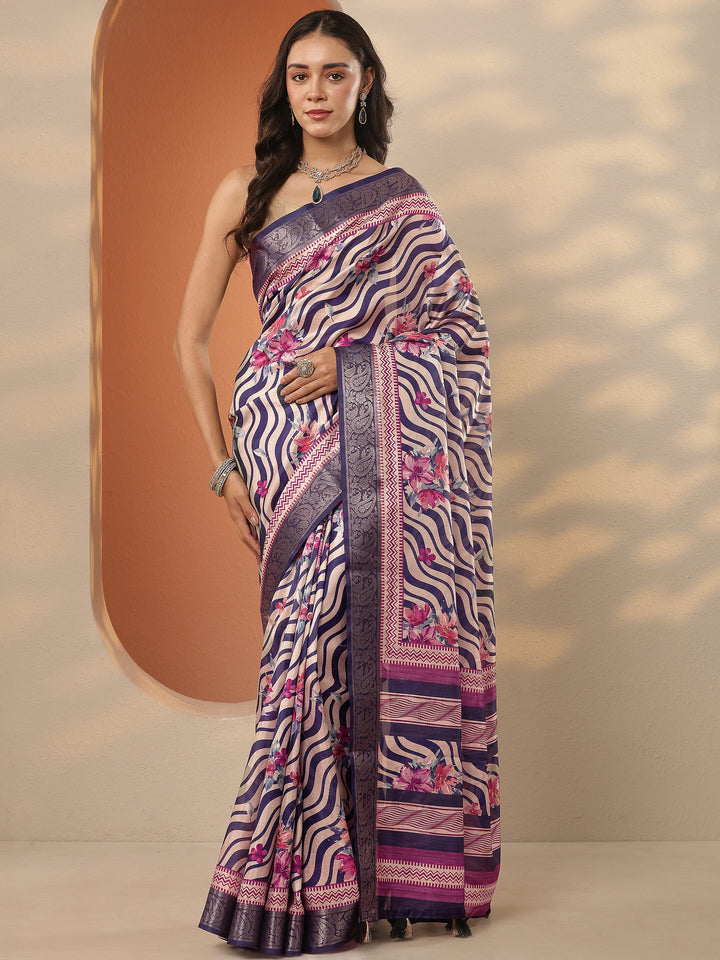 Beige Printed Silk Blend Saree With Unstitched Blouse Piece