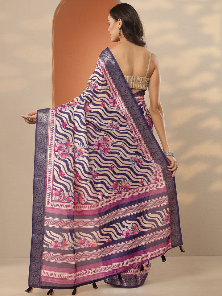 Beige Printed Silk Blend Saree With Unstitched Blouse Piece