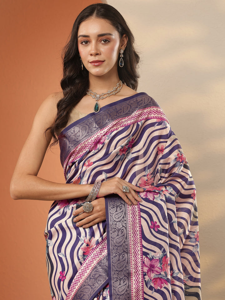 Beige Printed Silk Blend Saree With Unstitched Blouse Piece