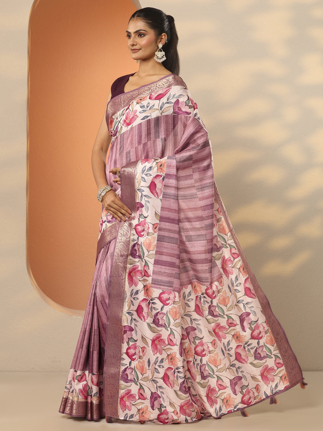 Mauve Printed Silk Blend Saree With Unstitched Blouse Piece