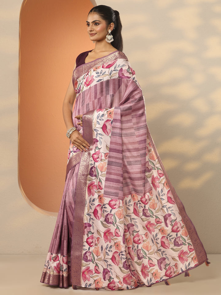 Mauve Printed Silk Blend Saree With Unstitched Blouse Piece