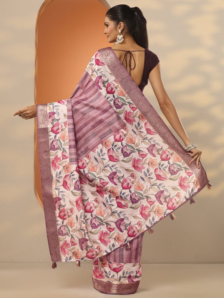 Mauve Printed Silk Blend Saree With Unstitched Blouse Piece