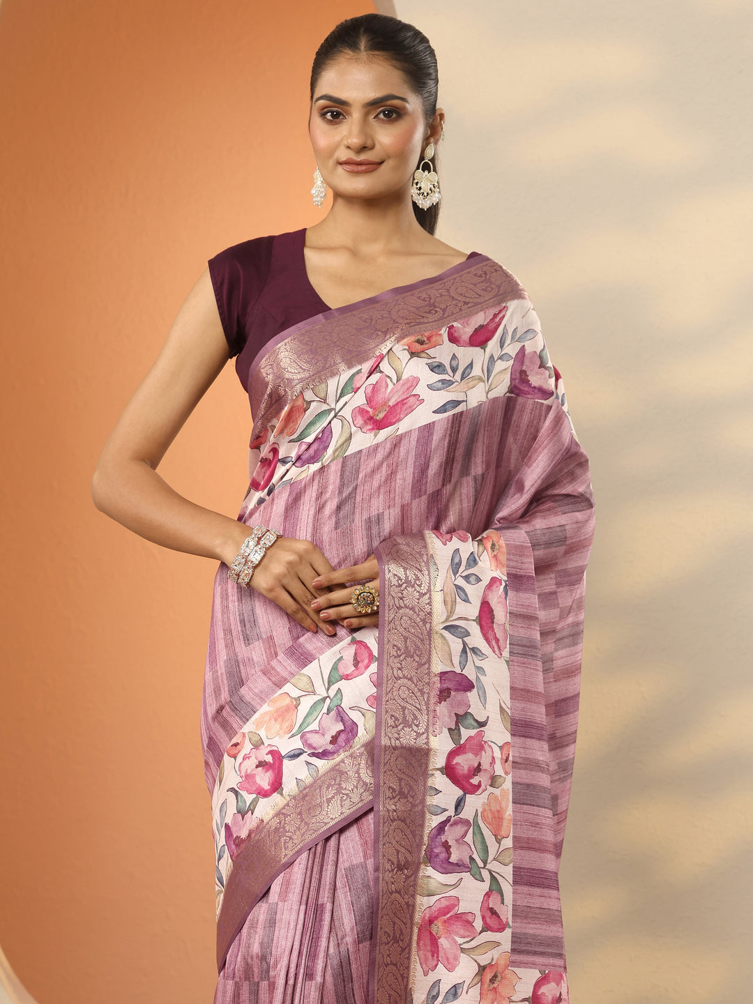 Mauve Printed Silk Blend Saree With Unstitched Blouse Piece