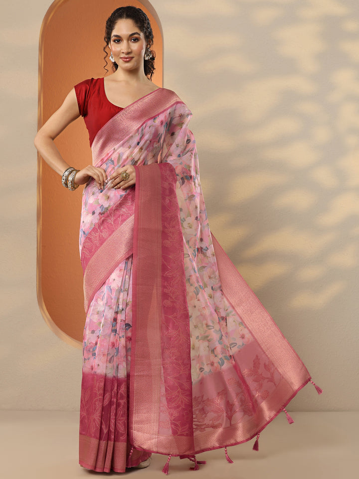 Pink Printed Organza Saree With Unstitched Blouse Piece
