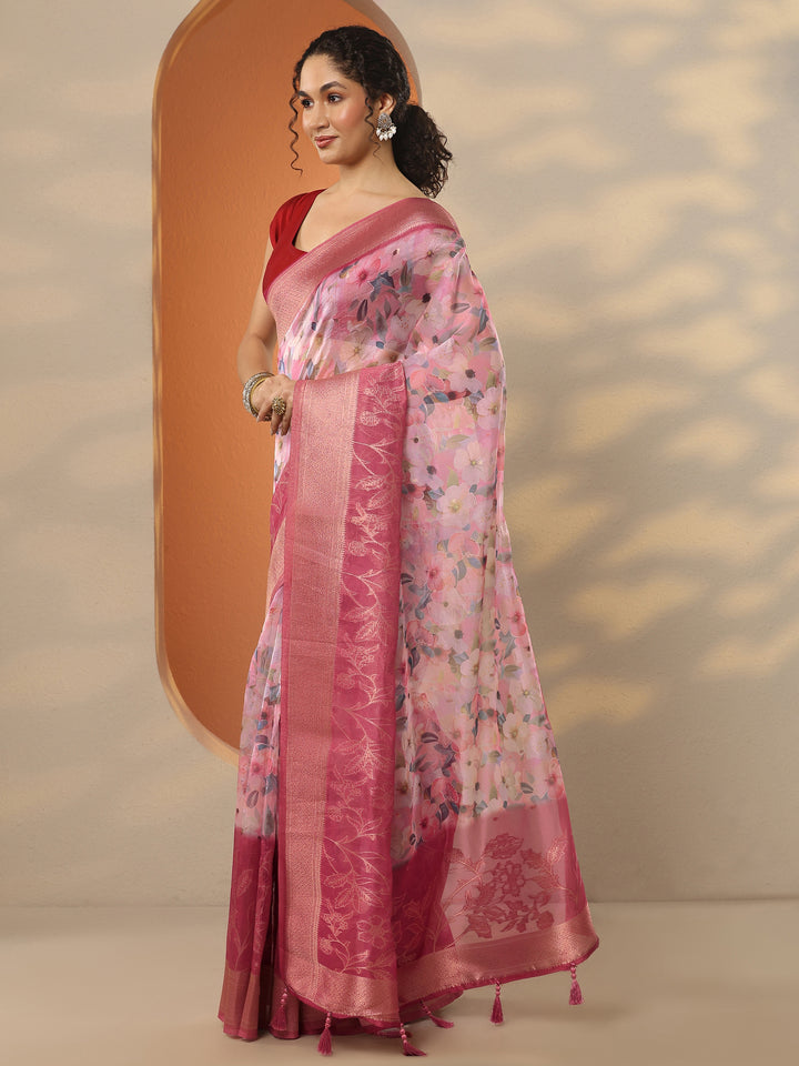 Pink Printed Organza Saree With Unstitched Blouse Piece