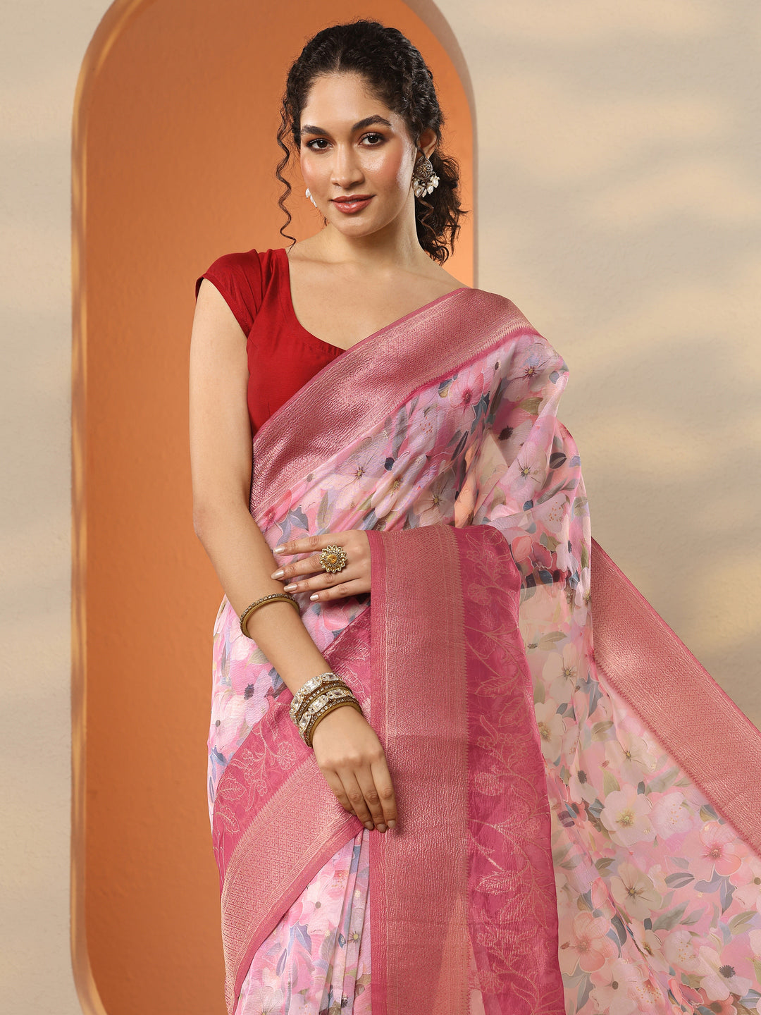 Pink Printed Organza Saree With Unstitched Blouse Piece