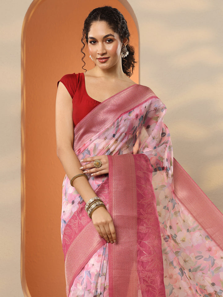 Pink Printed Organza Saree With Unstitched Blouse Piece