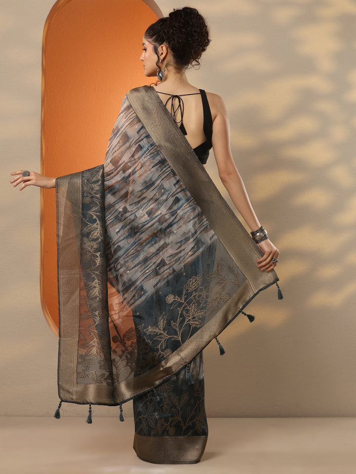 Green Printed Organza Saree With Unstitched Blouse Piece