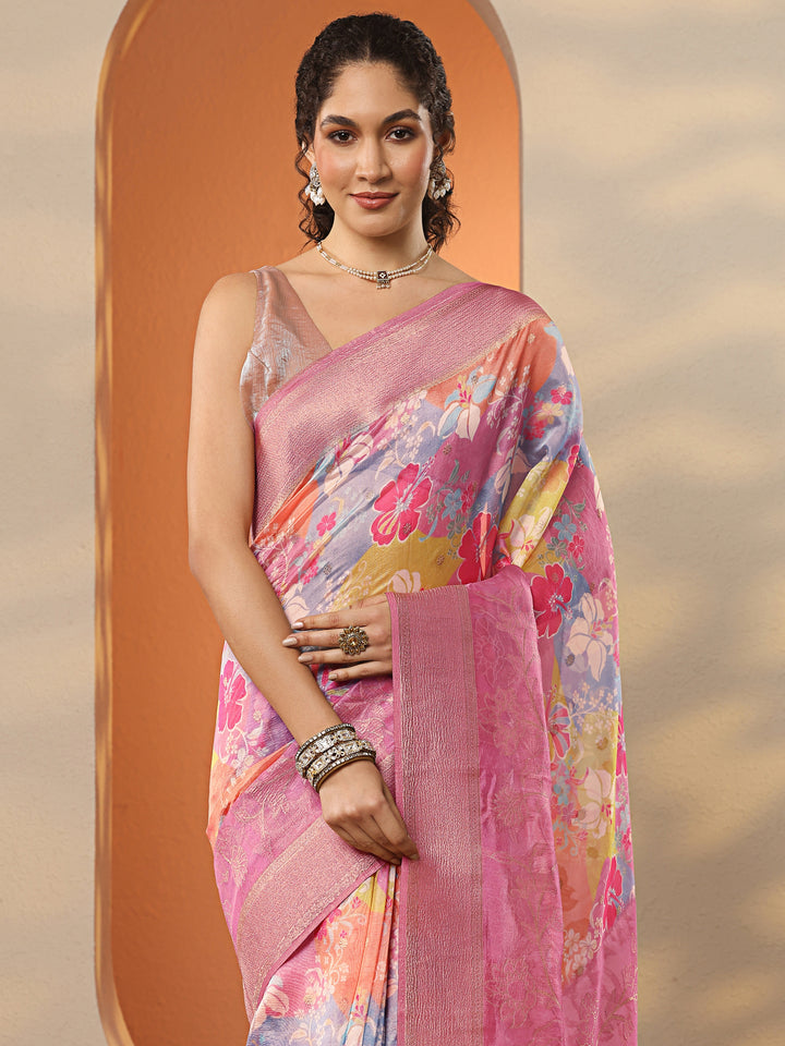 Multi Printed Organza Saree With Unstitched Blouse Piece