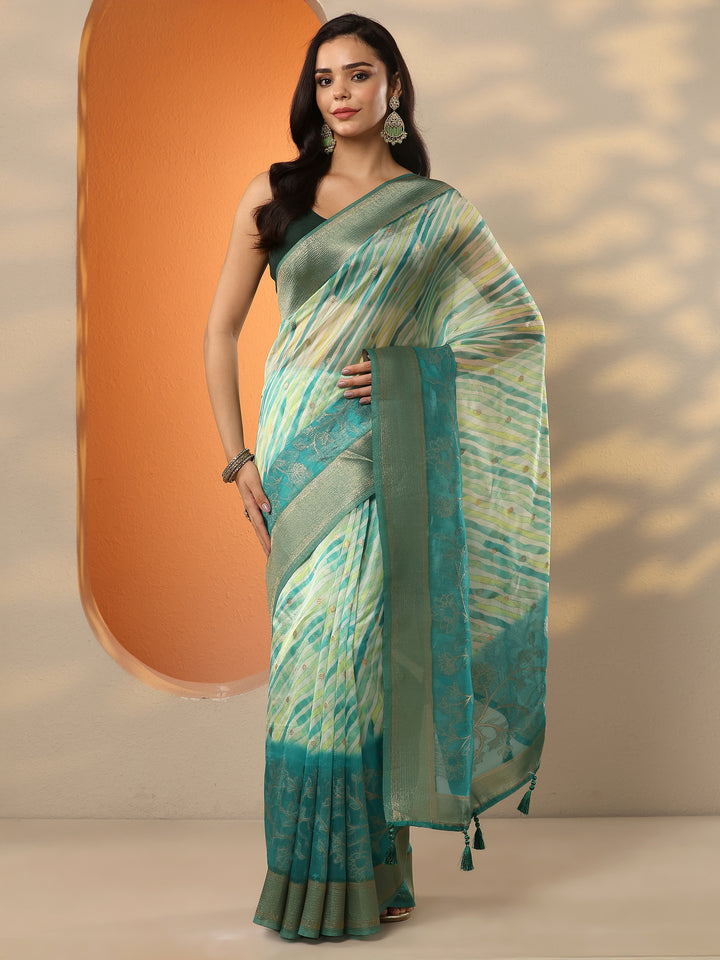 Green Leheriya Printed Organza Saree With Unstitched Blouse Piece