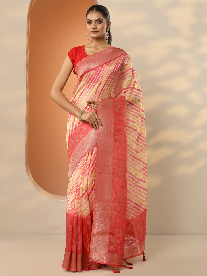 Coral Leheriya Printed Organza Saree With Unstitched Blouse Piece
