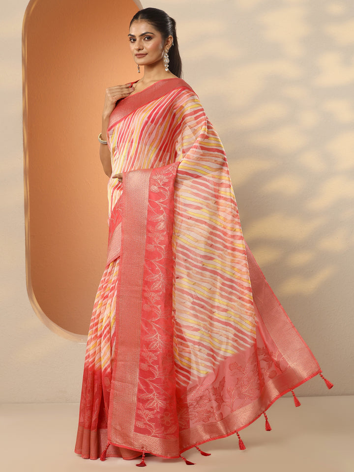 Coral Leheriya Printed Organza Saree With Unstitched Blouse Piece
