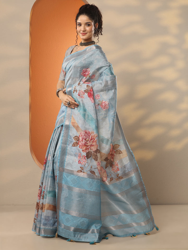 Blue Printed Silk Blend Saree With Unstitched Blouse Piece