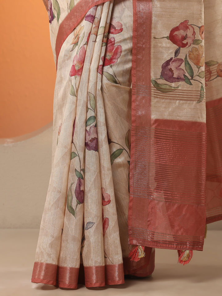 Beige Printed Silk Blend Saree With Unstitched Blouse Piece