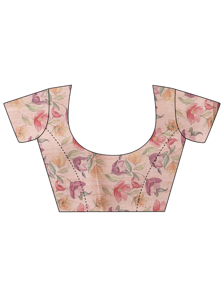 Beige Printed Silk Blend Saree With Unstitched Blouse Piece