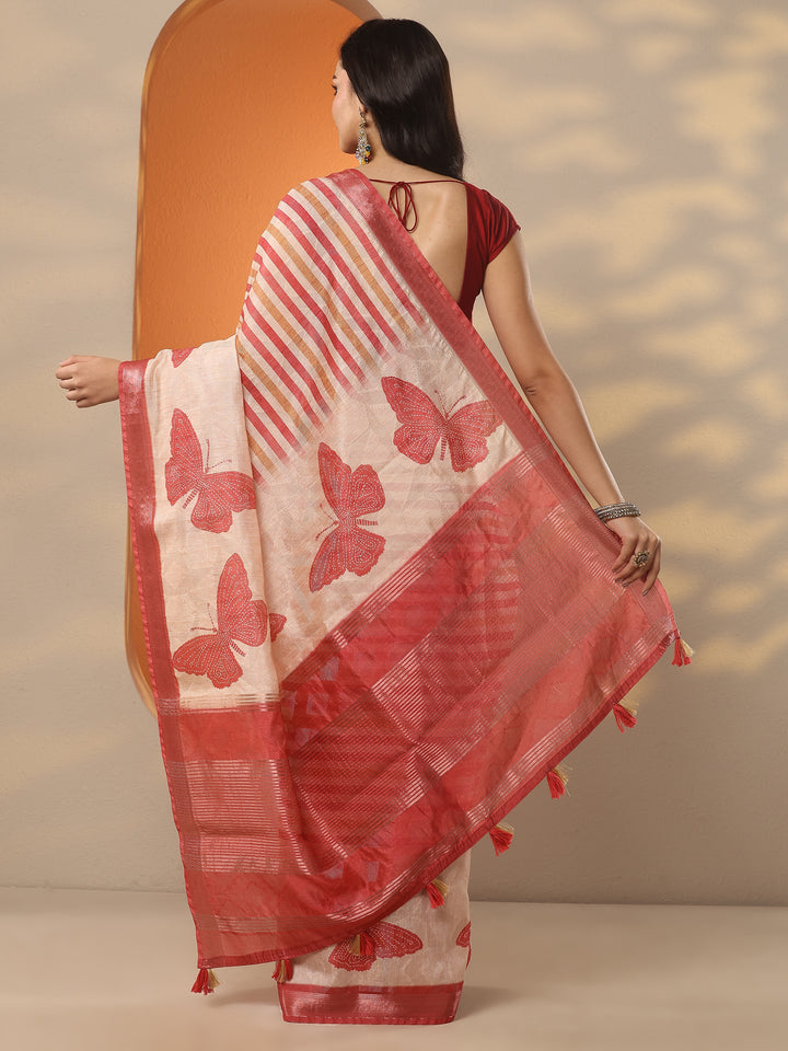 Beige Printed Silk Blend Saree With Unstitched Blouse Piece