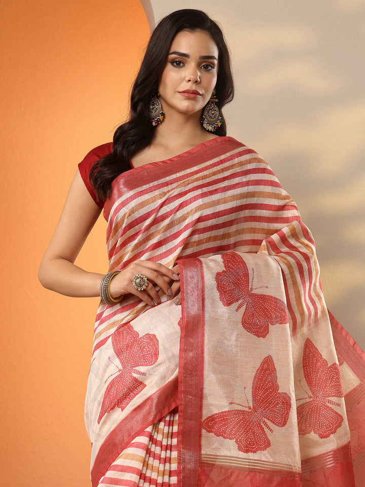 Beige Printed Silk Blend Saree With Unstitched Blouse Piece
