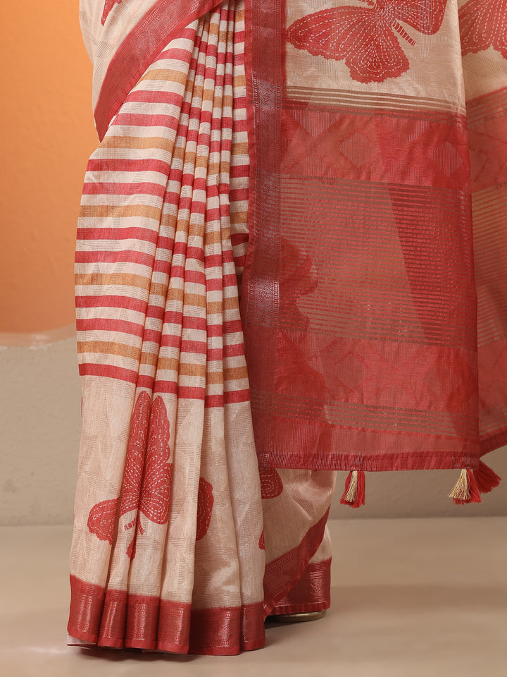 Beige Printed Silk Blend Saree With Unstitched Blouse Piece