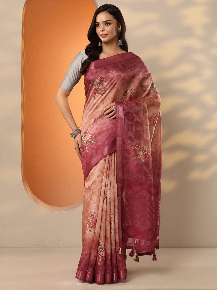Peach Printed Silk Blend Saree With Unstitched Blouse Piece