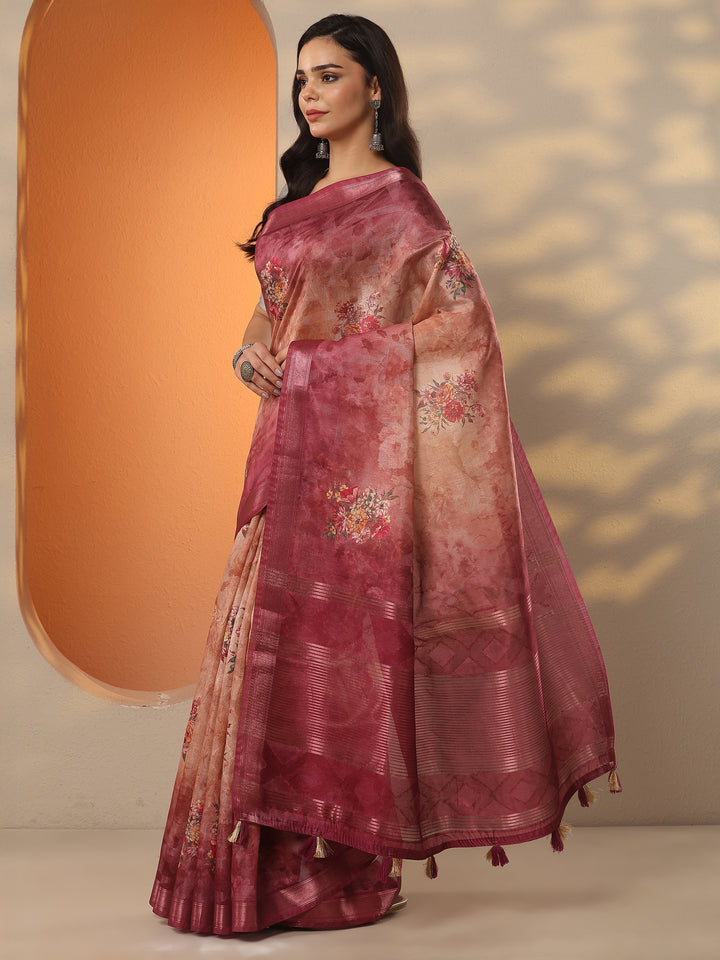 Peach Printed Silk Blend Saree With Unstitched Blouse Piece