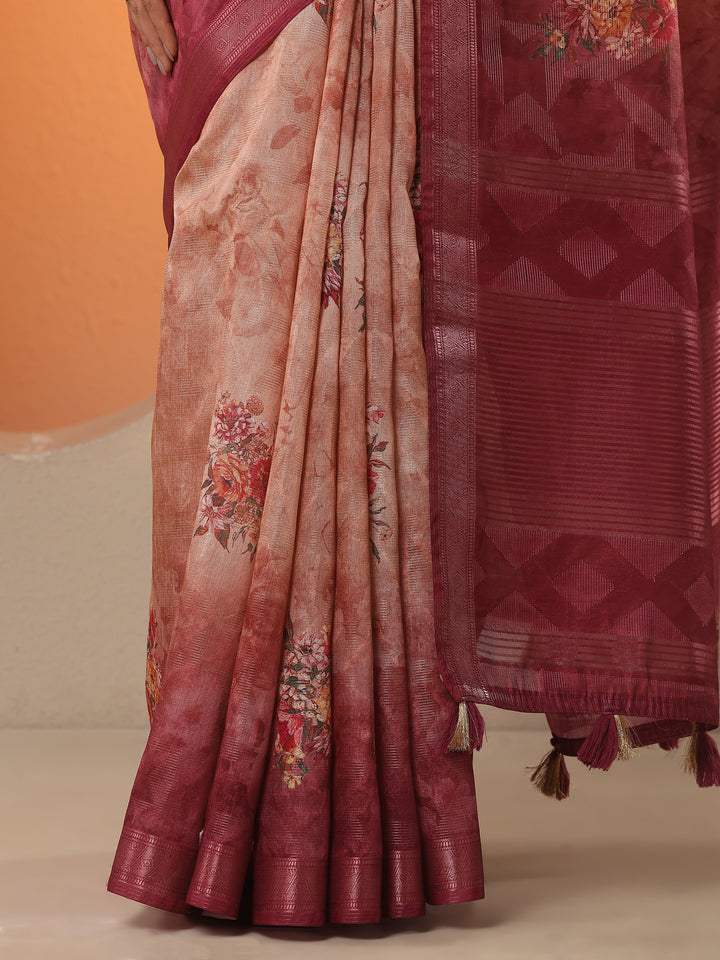 Peach Printed Silk Blend Saree With Unstitched Blouse Piece