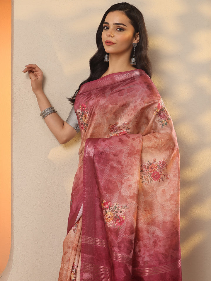 Peach Printed Silk Blend Saree With Unstitched Blouse Piece