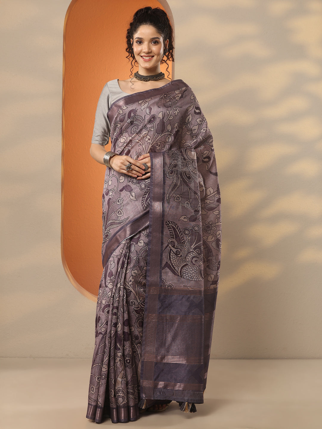 Taupe Printed Silk Blend Saree With Unstitched Blouse Piece
